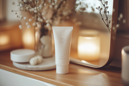 A tube of cream stands on a wooden surface, reflecting in a mirror, illuminated by soft candlelight and surrounded by decorative items.の素材