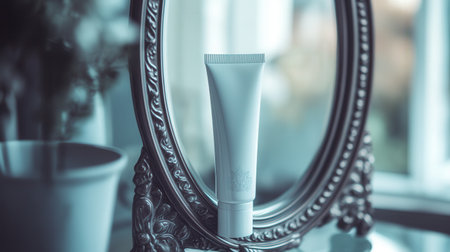 The tube of cream stands in focus, reflecting beautifully in an ornate mirror while soft morning light pours into the room.の素材