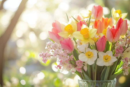 A colorful spring bouquet featuring tulips, daffodils, and cherry blossoms is beautifully arranged in a clear glass vase.の素材