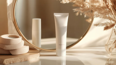 A tube of cream stands upright on a smooth surface, partially reflected in a round mirror alongside natural decor.の素材