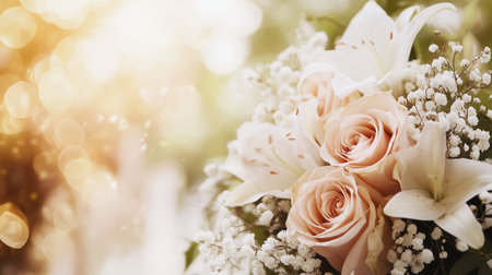 A beautiful bridal bouquet filled with delicate roses and fragrant lilies stands out against a softly blurred wedding ceremony background.の素材