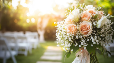 A beautiful bridal bouquet featuring roses and lilies stands elegantly as sunlight filters through a romantic outdoor wedding setting.の素材