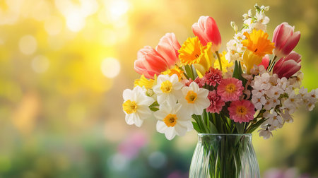 A beautiful arrangement of tulips, daffodils, and cherry blossoms fills a glass vase, celebrating the colors and freshness of spring.の素材