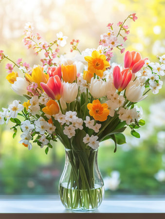 A beautiful arrangement of colorful spring flowers fills a glass vase, bringing life and joy to a sunlit windowsill.の素材