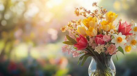 A beautiful arrangement of vibrant tulips, daffodils, and cherry blossoms in a glass vase, enhancing a picturesque spring garden.の素材
