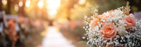 A beautiful bridal bouquet with roses and lilies is displayed against a softly blurred wedding aisle filled with natural light.の素材