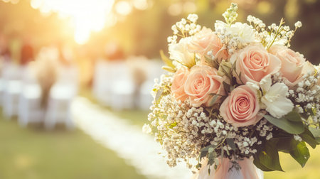 A stunning bridal bouquet with pink roses and white lilies rests elegantly as the outdoor wedding ceremony unfolds in the background.の素材