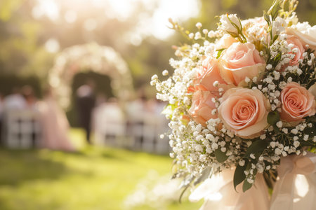A stunning bridal bouquet features elegant roses and lilies, set against a blurred backdrop of a lovely outdoor wedding ceremony.の素材