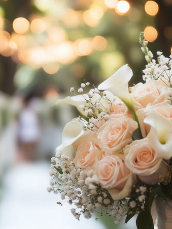 A stunning bridal bouquet featuring delicate roses and lilies enhances the beauty of a wedding ceremony surrounded by nature.の素材