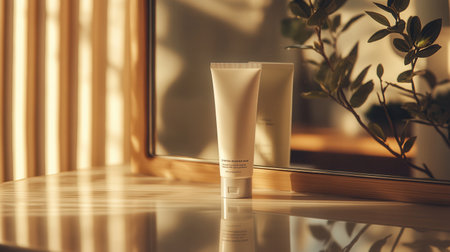 A tube of cream is placed on a vanity table, its reflection visible in the mirror, illuminated by soft, warm sunlight streaming in.の素材
