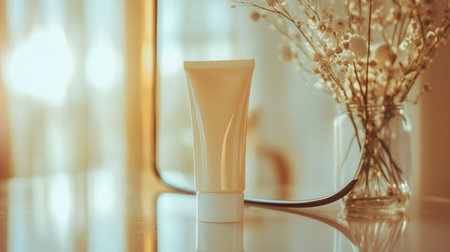 A tube of cream elegantly reflects in a mirror, accompanied by a vase of delicate flowers in a softly lit room, creating a tranquil atmosphere.の素材