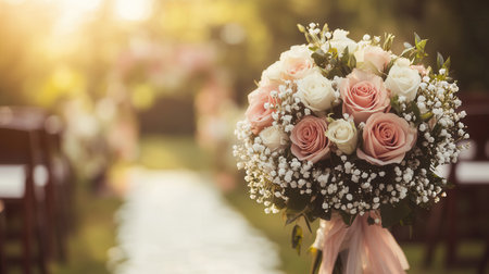A lovely bridal bouquet featuring roses and lilies rests elegantly, enhancing the charm of an outdoor wedding ceremony is about to begin.の素材