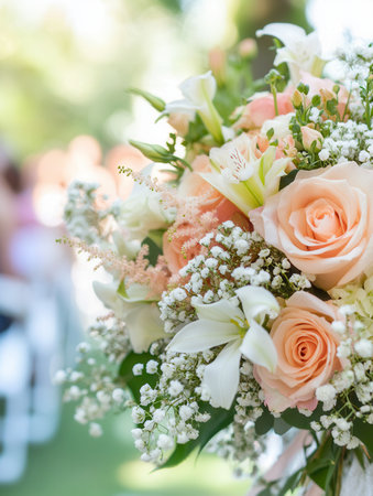 A stunning bouquet featuring soft roses and lilies stands prominently at an outdoor wedding ceremony, enhancing the romantic atmosphere.の素材