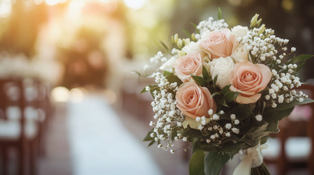 A stunning bouquet of roses and lilies is held against a blurred wedding aisle, filled with romantic outdoor ceremony elements.の素材