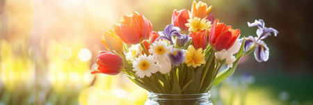 A colorful mix of tulips, irises, and daisies fills a glass jar, illuminated by bright sunlight streaming through in a garden.の素材