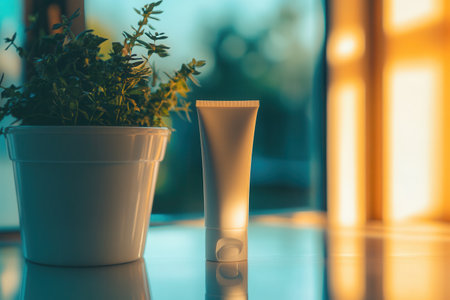 A tube of cream stands reflected in a mirror next to a small potted plant, illuminated by soft evening light, creating a serene atmosphere.の素材