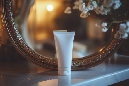 A tube of cream stands in front of a mirror, capturing the soft glow of warm light, with a floral arrangement nearby adding charm.の素材