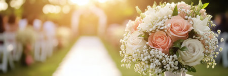 A stunning bridal bouquet filled with roses and lilies enhances the romantic atmosphere of an outdoor wedding ceremony at sunset.の素材