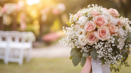 A stunning bridal bouquet featuring delicate roses and lilies, set against the soft background of an outdoor wedding ceremony.の素材