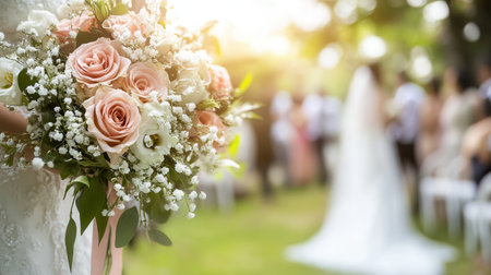 A stunning bridal bouquet featuring roses and lilies is held amidst a wedding ceremony, with a blurred aisle in the background.の素材