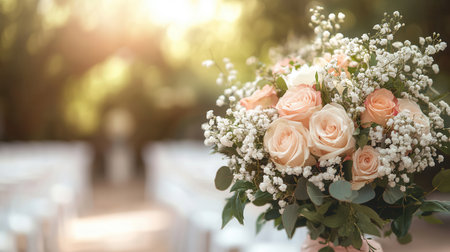 A stunning bridal bouquet filled with roses and lilies rests elegantly, complementing the blurred backdrop of a wedding aisle.の素材