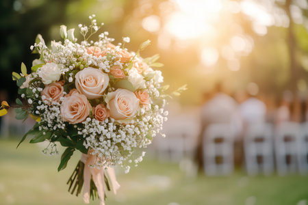 A stunning bridal bouquet featuring roses and lilies stands elegantly against a blurred background of an outdoor wedding setting.の素材