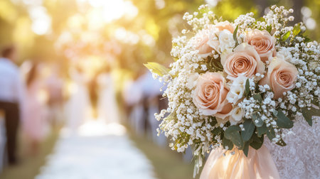 A lovely bridal bouquet showcases delicate roses and lilies amidst a blurred wedding aisle, capturing the essence of a romantic ceremony.の素材