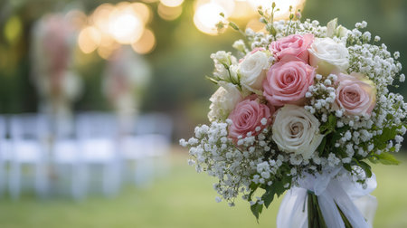 A stunning bouquet featuring roses and lilies is showcased in the foreground of a lovely outdoor wedding aisle.の素材