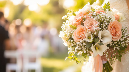 A stunning bouquet filled with roses and lilies stands out, surrounded by a romantic outdoor wedding ceremony setting.の素材