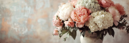 A lovely bouquet features peonies and hydrangeas in muted tones, elegantly displayed in a charming antique vase against a soft backdrop.の素材