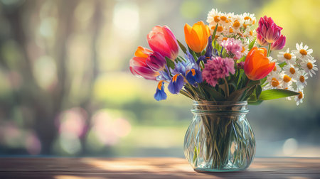 A bright arrangement of tulips, irises, and daisies fills a glass jar, illuminated by warm sunlight from the side.の素材