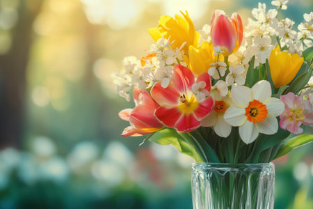 A colorful bouquet of tulips, daffodils, and cherry blossoms brightens a spring day, elegantly displayed in a glass vase.の素材