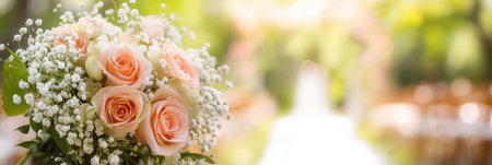 A stunning bridal bouquet showcases pink roses and lilies, beautifully complementing the romantic atmosphere of an outdoor wedding aisle.の素材