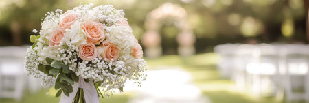 A stunning bridal bouquet filled with roses and lilies stands elegantly against the soft background of a wedding aisle.の素材
