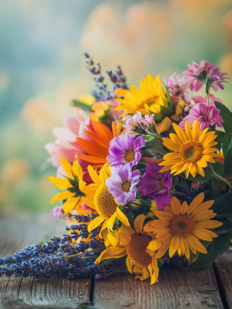 A colorful arrangement of wildflowers brings joy with bright sunflowers, delicate lavender, and cheerful daisies under natural sunlight.の素材