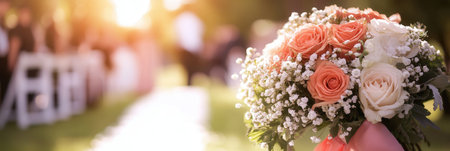 A beautiful bridal bouquet of roses and lilies, set against a blurred background of an outdoor wedding aisle decorated for the ceremony.の素材