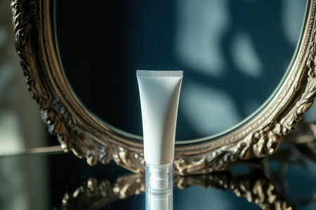 A tube of cream is placed in front of an ornate mirror, its reflection highlighted by gentle morning light and elegant surroundings.の素材