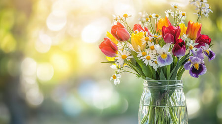 Vibrant tulips, irises, and daisies are beautifully arranged in a clear glass jar, illuminated by warm sunlight.の素材