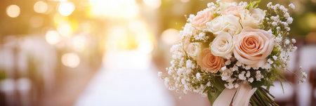 A stunning bridal bouquet adorned with roses and lilies stands prominently with a blurred outdoor ceremony aisle behind it.の素材