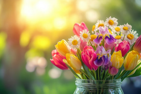 A clear glass jar holds a vibrant mix of tulips, irises, and daisies, illuminated by soft sunlight in a cheerful garden.の素材