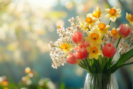 Colorful tulips, bright daffodils, and delicate cherry blossoms fill a glass vase, bringing a joyful spring atmosphere to any space.の素材