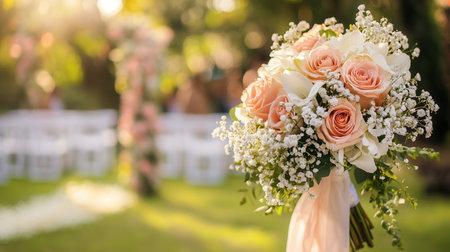 A beautiful bridal bouquet featuring delicate roses and lilies is prominently displayed during a serene outdoor wedding ceremony.の素材