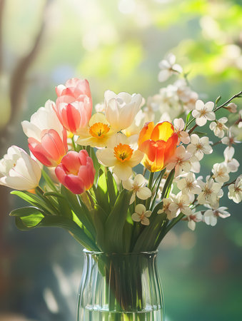 Bright tulips, cheerful daffodils, and delicate cherry blossoms come together in a stunning bouquet, adding color to the spring ambiance.の素材
