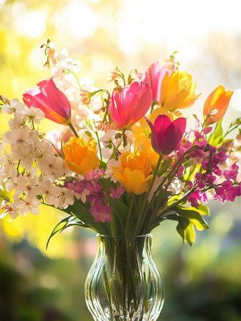 A beautiful bouquet features colorful tulips, bright daffodils, and soft cherry blossoms in a glass vase, illuminated by sunlight.の素材