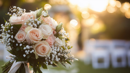 The bridal bouquet showcases lovely roses and lilies, capturing the essence of a romantic outdoor wedding ceremony at dusk.の素材
