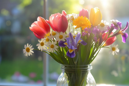 A clear glass jar holds a colorful bouquet of tulips, irises, and daisies, basking in warm sunlight streaming through a window.の素材