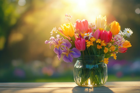 Colorful tulips, irises, and daisies are beautifully arranged in a jar, bathed in the warm glow of sunlight.の素材