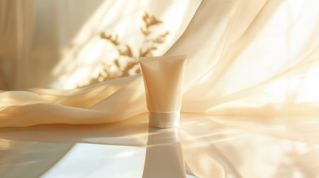 A tube of cream sits gently on a reflective surface, surrounded by soft fabric and illuminated by warm natural light.の素材