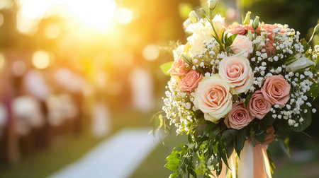 A stunning bridal bouquet filled with roses and lilies brightens the outdoor wedding aisle, surrounded by soft golden light.の素材