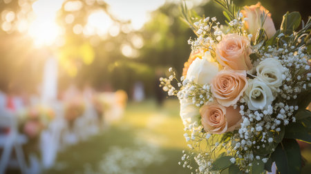 A stunning bridal bouquet featuring roses and lilies is displayed against a softly blurred background of a wedding ceremony.の素材